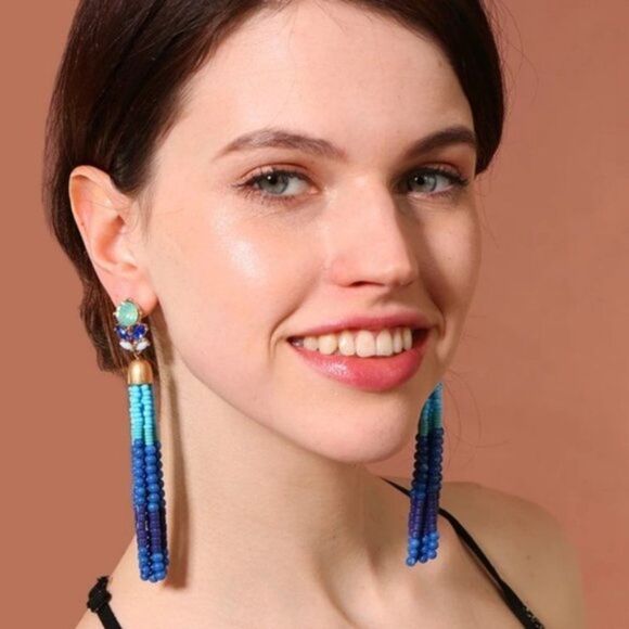 Sea Blue Rhinestone Beaded Tassel Fringe Vintage Gold Dangle Statement Earrings - Picture 4 of 9